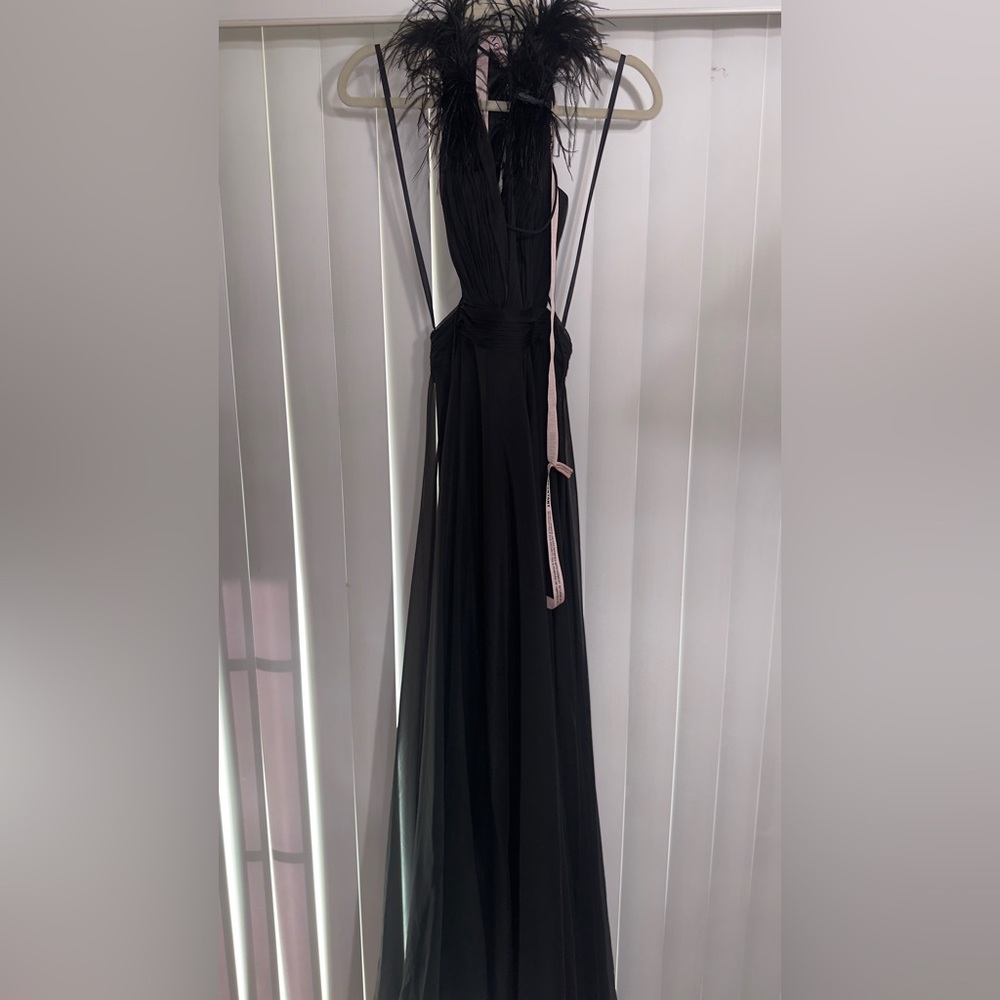 Mac Duggal Black Backless Gown with Feather Detail